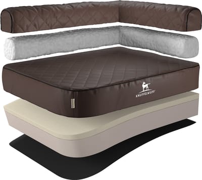 Knuffelwuff orthopedisch hoekhondenbed Winslow van laser-gewatteerd kunstleer XL 100 x 70cm leuning rechts bruin