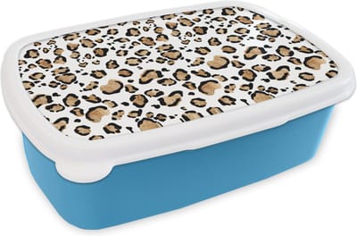 Broodtrommel Blauw - Lunchbox - Brooddoos - Panterprint - Bruin - Patronen - 18x12x6 cm - Kinderen - Jongen