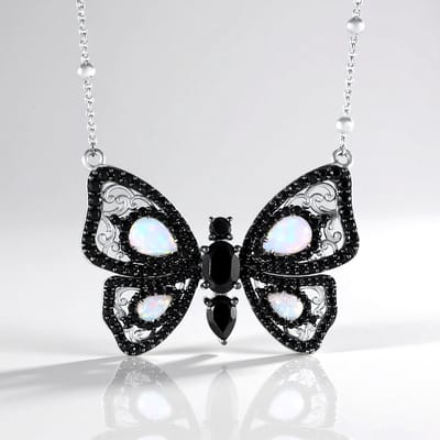 Cavill - Zilveren Vlinder Halsketting - 925 Sterling Zilver - Welo Opalen 0,251 ct - Zwarte Spinel 3,723 ct - Luxe Dames Sieraad