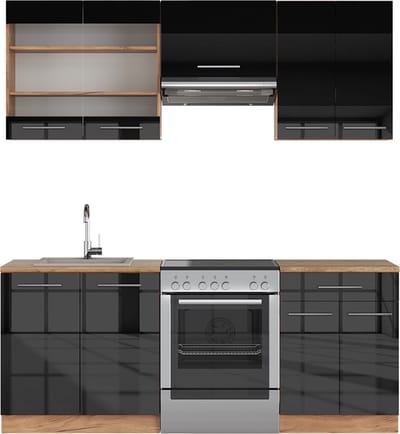 Vicco Fame-Line Complete keukeneenheid – 200 cm zonder werkblad Antraciet hoogglans/goud eiken