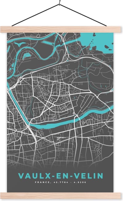 Posterhanger incl. Poster 40x60 cm - Schoolplaat - Vaulx-en-Velin - Frankrijk - Plattegrond - Stadskaart - Kaart - Textielposter - Blanke latten - Stadskaart