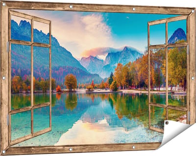 Gards Tuinposter Doorkijk Meer - 120x80 cm - Tuindoek - Tuindecoratie - Wanddecoratie buiten - Tuinschilderij