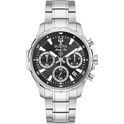 Bulova herenhorloge Marine Star 96B467 | zilverkleurige kast, zwarte wijzerplaat, chronograaf | met lume, weekdag weergave en waterdicht 10 bar