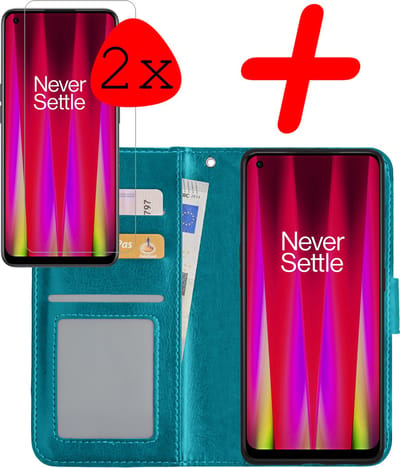 Hoesje Met 2x Screenprotector - Geschikt voor OnePlus Nord CE 2 Lite - Luxe Pasjeshouder - Bookcase Portemonee - Flip Case - Kunstleer Book Case - Flipcase Hoes - Book Cover - Walletcase - Portemonneehoes - Turquoise