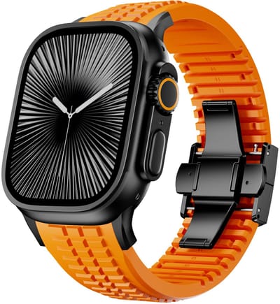 Strap-it Premium silicone band - luxe siliconen bandje geschikt voor Series Apple Watch 1/2/3/4/5/6/8/9/10/11/SE(2-3)/Ultra(2-3) - Hoogwaardig iWatch bandje voor grote maten 44mm / 45mm / 46mm / 49mm (oranje)