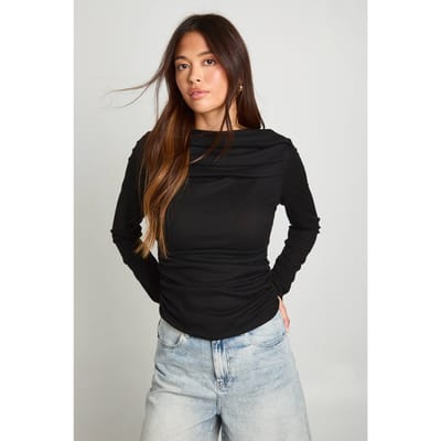 boohoo Dames Geribbeld gedrapeerde voorkant top met lange mouwen | Black | Maat: 6