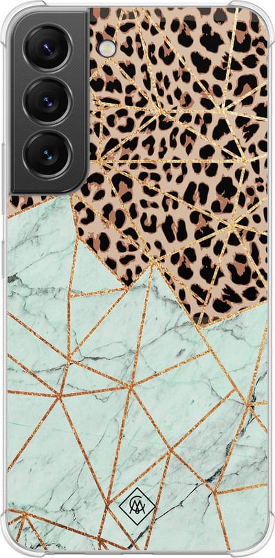 Casimoda® hoesje - Geschikt voor Samsung Galaxy S22 - Luipaard Marmer Mint - Shockproof case - Extra sterk - TPU/polycarbonaat - Mint, Transparant