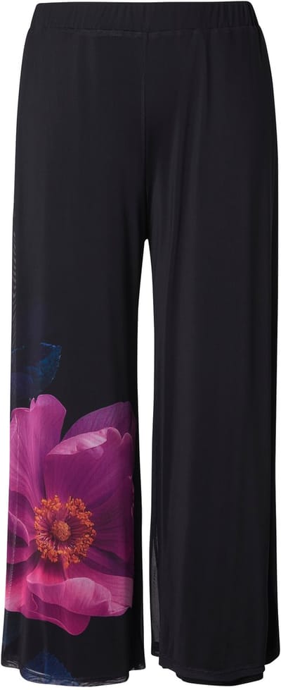 Ulla Popken - Dames - Chiffonbroek bloemen dubbellaags elastische tailleband - Zwart - Maat 54+