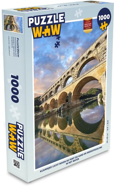 Puzzel Kleurrijke lucht boven de Pont du Gard en weerspiegeling in het water - Legpuzzel - Puzzel 1000 stukjes volwassenen