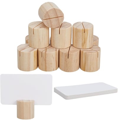 Dailygoods- Tafelnummerhouders 24 Stuks - Houten Plaatskaarthouders - Naamkaartstandaards - Ceremonie/Woondecoratie - Mini-Houders 30mm Hoog - Inclusief Papieren Kaarten