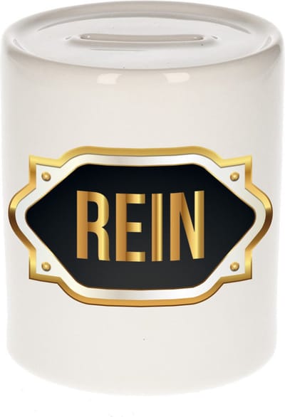 Spaarpot met voornaam Rein - wit - met goud/zwart embleem - 8 x 9 cm - keramiek - met afsluitdop - cadeau verjaardag