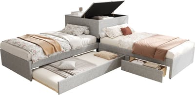 REDOM - Hoekbed met Uitschuifbed – 90x200 cm – Met Opbergkast en 2 Laden – Linnen Bekleding – Grijs – Ruimtebesparend