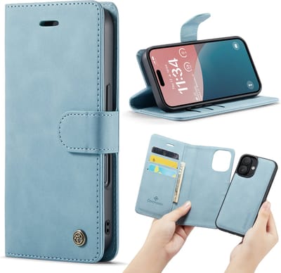 Casemania Hoesje Geschikt voor Apple iPhone 16 - Aqua Blue - 2 in 1 Magnetic Book Case