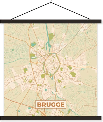 Posterhanger incl. Poster 60x60 cm - Schoolplaat - Brugge - Kaart - Plattegrond - Brugge - Stadskaart - Textielposter - Zwarte latten - Stadskaart