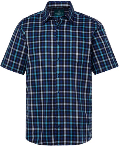 Boston Park - Heren - Ruitenoverhemd korte mouw Kentkraag comfort fit - Navy blauw - Maat L