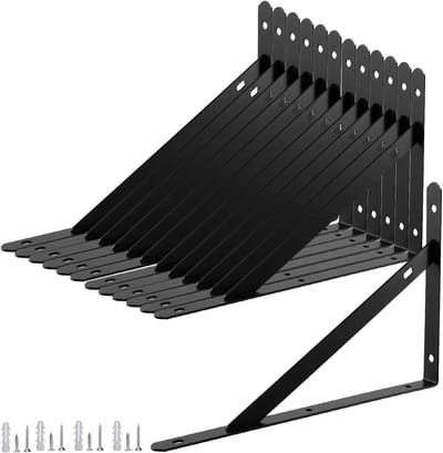 Set van 12 stevige wandplanken steunen, 8 inch driehoekige plankenbeugels met bevestigingsmateriaal, zwart, voor extra ondersteuning en stabiliteit