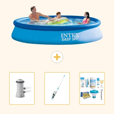 Intex Rond Opblaasbaar Easy Set Zwembad - 366 x 76 cm - Blauw - Inclusief Pomp - Stofzuiger - Onderhoudspakket - 4-delig