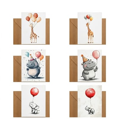 Multikleur felicitatie kaarten set met enveloppen 12 stuks – verjaardags kaarten met dieren illustraties zoals olifant en giraffe – inclusief kraft enveloppen – kaartenset voor dames en heren