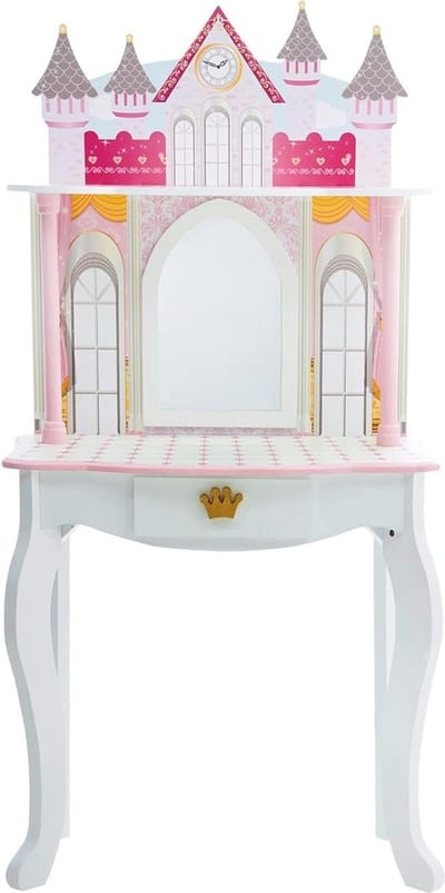 Houten Kaptafel Kinderen - Tafel en Stoel Set - Dromenland Kasteel Ontwerp - Omvat 4 Poppen Accessoires - Wit-Roze - Speelgoed Kaptafel make up tafel