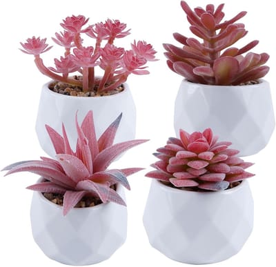 Decoratieve Kunstplanten in Keramieken Pot - Set van 4, Succulenten voor Woonkamer, Slaapkamer, Balkon en Kantoor, Roze