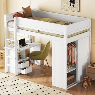Wishdor Hoogslaper 90x200 cm – Met Kledingkast & Bureau – 2 Lades & Legplanken – Wit Hout – Ultieme Ruimtebespaarder