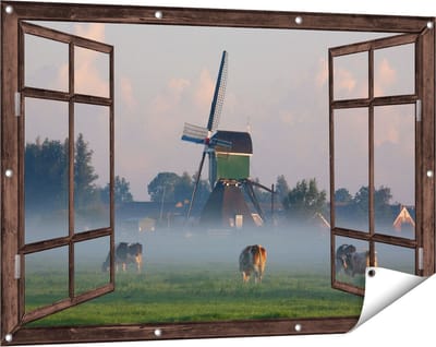 Gards Tuinposter Doorkijk Landschap met Koeien - 120x80 cm - Tuindoek - Tuindecoratie - Wanddecoratie buiten - Tuinschilderij