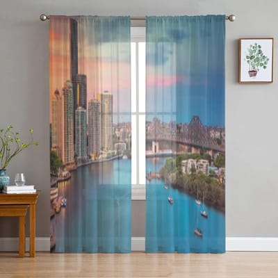 Zonsondergang Lucht Bij Brisbane Australië Met Reflectie Dramatische Chiffon Transparante Gordijnen Woonkamer Slaapkamer Raam Voiles Tule Gordijn 135W x 114H(cm) gray
