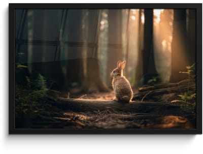 Poster in lijst - Fotolijst 60x40 cm - Posters - Konijn - Bos - Zonnestralen - Posterlijst zwart - Decoratie - Wanddecoratie woonkamer - Muurdecoratie slaapkamer
