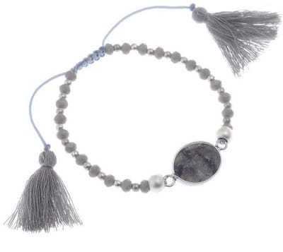 Behave - armband met grijze natuursteen en kwastjes - basic boho stijl