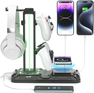 Hoofdtelefoonstandaard met Draaibare Controllerhouder, Draadloos Opladen, 9 Lichtstanden en 2 USB Poorten - Ideaal voor Gaming Accessoires en Bureau Organisatie