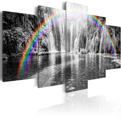 Schilderij - Regenboog bij grijze waterval , 5 luik