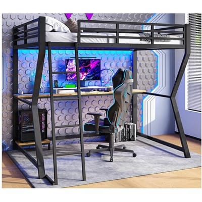 ModernLuxe Hoogslaper 90x200cm met LED en stopcontacten - bureau + trap - Zwart