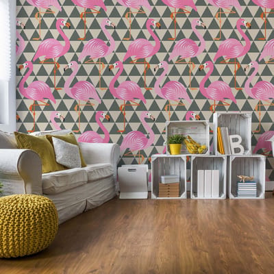 Fotobehang - Vlies Behang - Flamingo's en Driehoeken - 416 x 290 cm