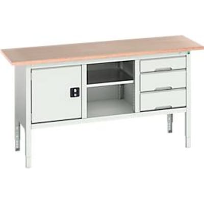 Box werkbank Bott verso, met multiplex legbord, 3 laden & 1 legbord & 1 deur, B 1750 x D 600 x H 830 - 930 mm, RAL 7035 lichtgrijs
