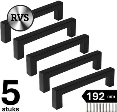 5 X MSQDESIGN Handgrepen RVS zwart - Boormaat 192mm - zwarte Handgreep voor Keuken & Kast - Moderne Meubelgreep - Keukengreep Mat zwart -Kastgrepen- zwarte Greepjes Keuken - zwarte RVS Handvatten - Deurgreepjes -incl schroeven