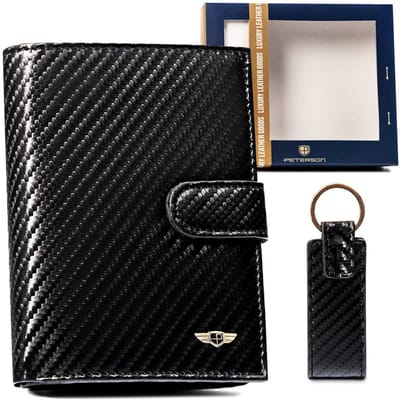 Peterson® Luxe Carbon Heren Cadeauset – Leren Portemonnee & Sleutelhanger – RFID-Bescherming – 11 Pasjeshouders – Natuurlijk Leder – Zwart