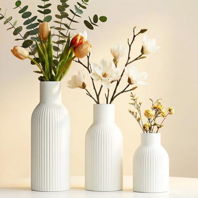 Witte Keramische Vaas Set van 3 voor Pampasgras en Gedroogde Bloemen - Moderne Tafeldecoratie in Neutraal Boho en Scandinavisch Design voor de Woonkamer