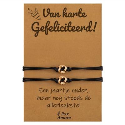 Vriendschapsarmbandjes voor 2 "Van Harte Gefeliciteerd" - Knoopjes - BFF Armbandjes met Verjaardags Cadeau Kaartje - Goudkleurig - Elastisch Verstelbaar - Pax Amare