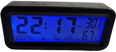 Autoklok voor op het dashboard, automatische achtergrondverlichting (blauw) 's nachts, temperatuur- en vochtigheidsmeting, 12/24-uurs tijdweergave, kalender, opladen via zonne-energie en USB-C-kabel voor auto's en vrachtwagens.