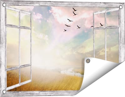 Gards Tuinposter Doorkijk Groep Vogels Vliegen Boven het Gras - 60x40 cm - Tuindoek - Tuindecoratie - Wanddecoratie buiten - Tuinschilderij