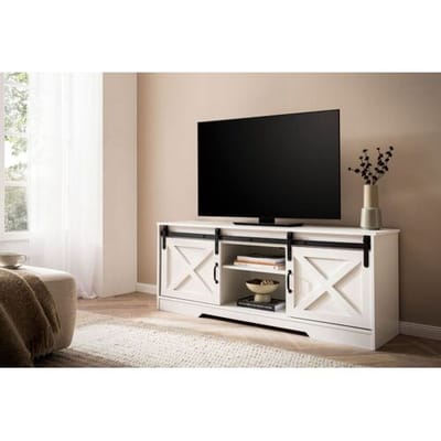Ervesto Lowboard Tv Meubel 150x59,5x39,5 Cm - Landhuisstijl - Wit Met Zwarte Accenten - Geschikt Voor Tv’s Tot 70 Inch - Met Schuifdeuren En Opbergruimte