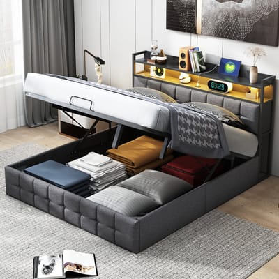 Gestoffeerd bed 140 x 200 cm met LED-hoofdbord, tweepersoonsbed met 2 USB-laadstations en lattenbodem, hydraulische opbergruimte en metalen frame, kinderbed, linnen stof, grijs (matras niet inbegrepen)