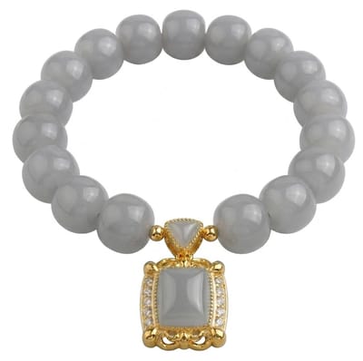 Grijs goudkleurige kralen armband voor dames met vierkante hanger – elastische armband met siersteen detail