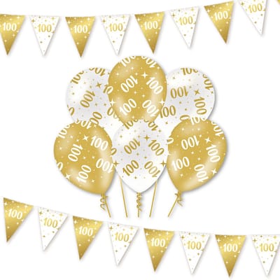 Q2P - 100 Jaar - Slingers - Ballonnen - Wit & Goud Set - Verjaardag Versiering - Helium Ballon