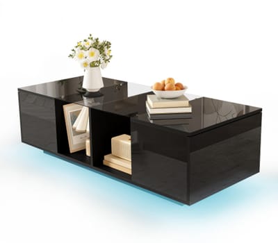 Moderne zwarte salontafel met ledverlichting, hoogglans tafelblad, 120 x 50 x 38,5 cm