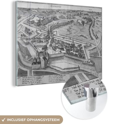 MuchoWow® Glasschilderij 40x30 cm - Schilderij acrylglas - Stadskaart - Eindhoven - Zwart Wit - Foto op glas - Schilderijen - Plattegrond