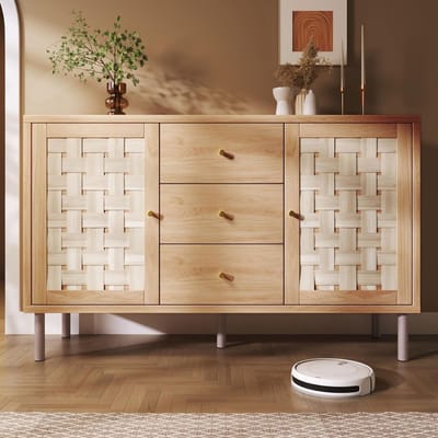 BLACKCOLORS Commode in cottage-stijl 120x40x75 cm in eikenkleur met 2 deuren en 3 lades, in hoogte verstelbare planken, metalen poten, kantelbeveiliging, dressoir voor woonkamer, hal of keuken