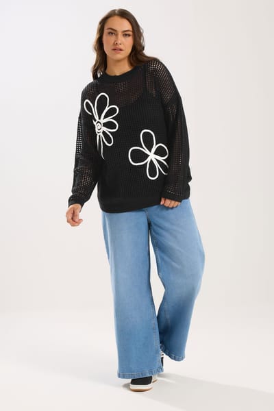 Yours Zwarte Gehaakte Gebreide Trui Met Bloemen Size 42-44