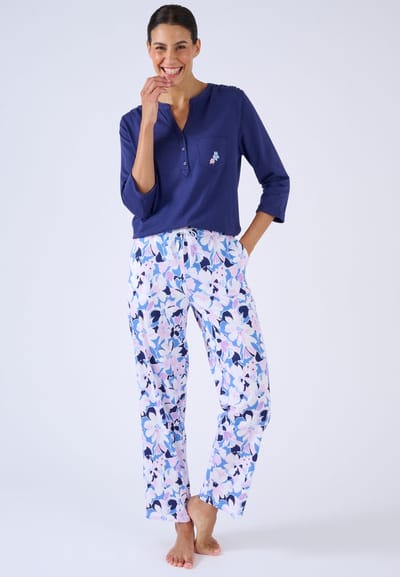 Damart - Pyjama T-shirt Tunesische kraag puur katoen - Dames - Blauw - 38-40 (S)