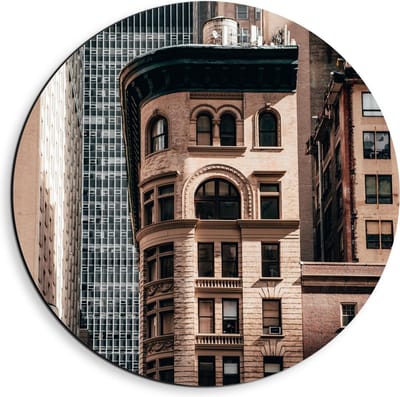 Dibond Wandcirkel - Gebouwen in de Stad - 40x40cm Foto op Aluminium Wandcirkel (met ophangsysteem)